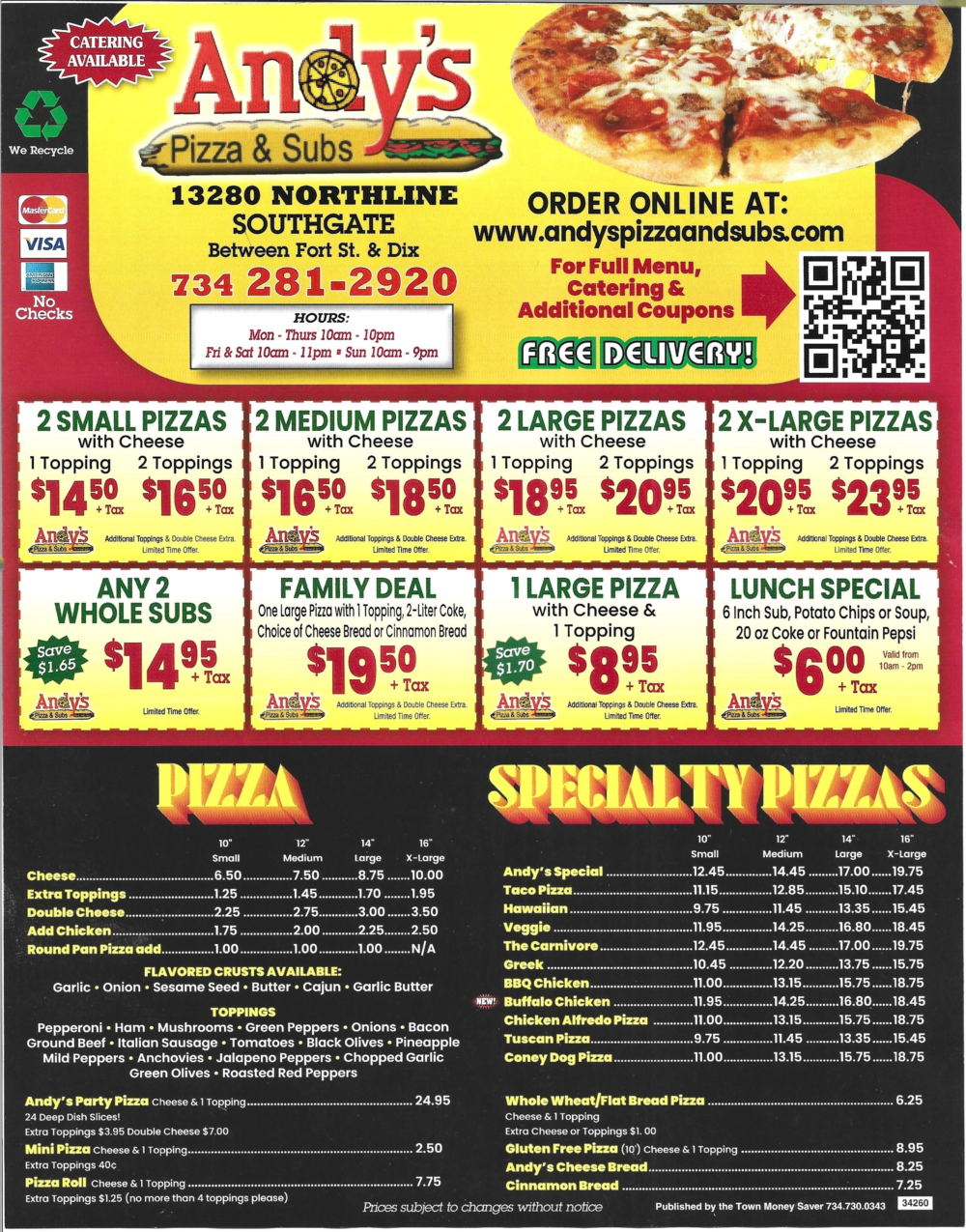 Southgate Menu Andy's Pizza & Subs Downriver Best Pizza & Subs